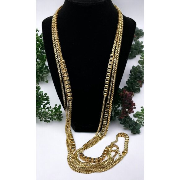 Vintage Gold Tone Chain Necklace Links Multi Strand 34" Long - Picture 1 of 9